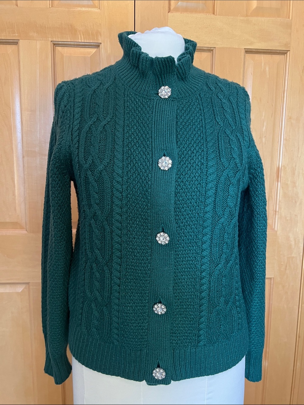 Talbots Emerald Cable-Knit Cardigan with Jeweled Buttons